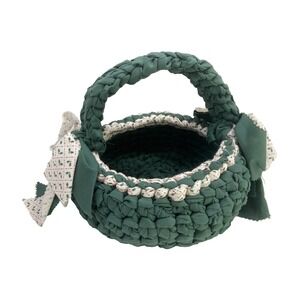 Vtg Hand Made Woven Christmas Basket Made from Braided‎ Fabric Green Bows